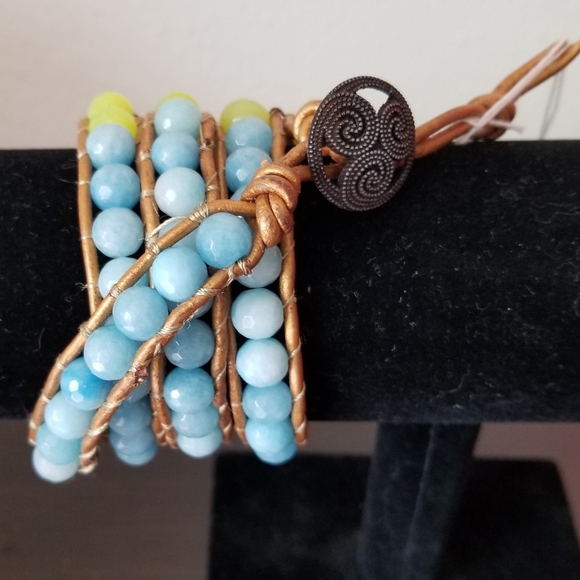 Handmade Blue Green and Copper Beaded Leather Wrap Bracelet - Picture 2 of 4